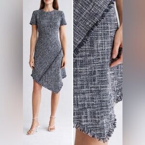 NWT Eliza J Tweed Fringe Dress | Black White Navy | Size 4 | Chic Classic
